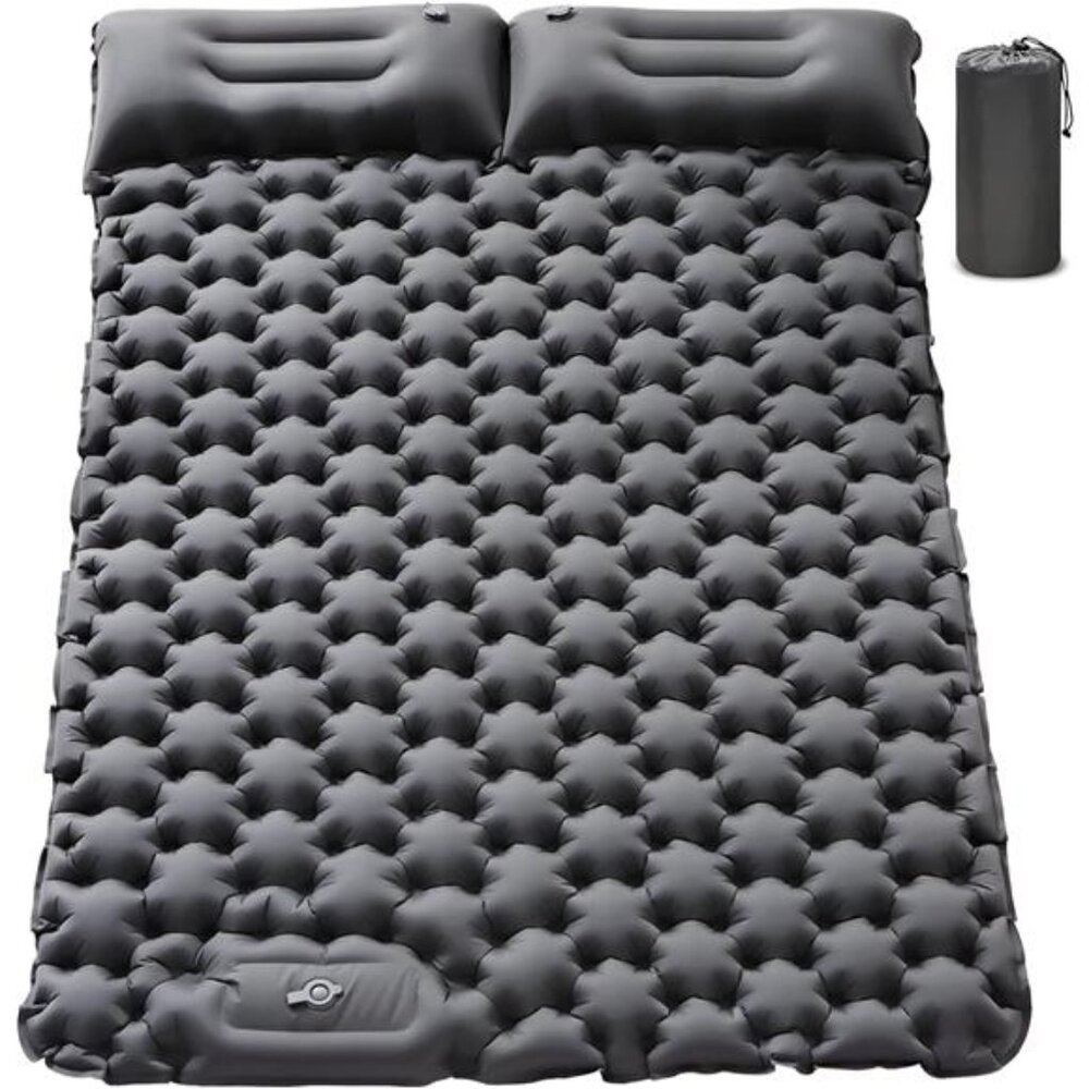 Sleeping Pad 2 Person with Pillow Built-in Foot Pump Camping Sleeping Mat, Gray